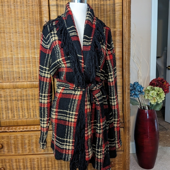 Women's LRL Lauren Ralph Lauren Plaid Belted Wool/Angora Sweater - Picture 1 of 5
